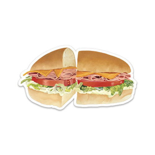 Collectible Sticker of a ham and cheese sandwich cut in half on a white background from The Hat Restaurant official exclusive collectible sticker.