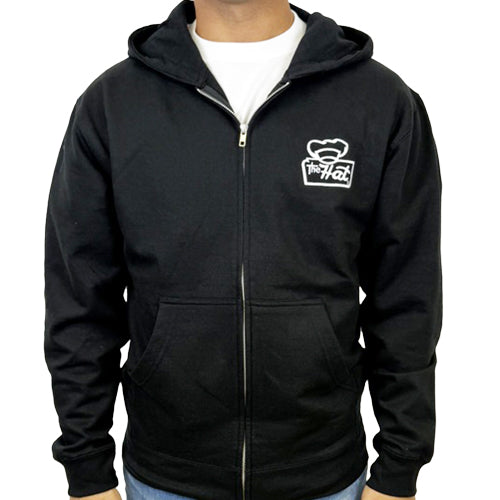 Black hoodie with The Hat Restaurant logo on the chest against a white background