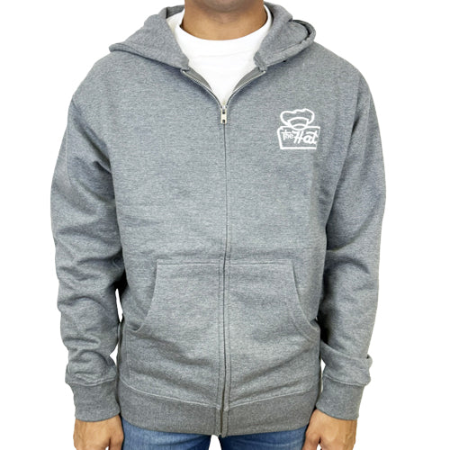 Gray hoodie with a logo on the chest against a white background. The Hat Restaurant logo men's adult zip up fleece hoodie