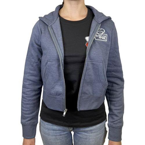 Blue hoodie with a brand logo on a white background The Hat Restaurant exclusive logo zipup fleece hoodie women's size