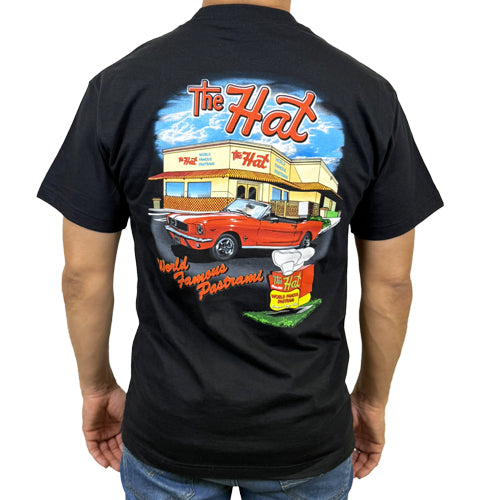 Black t-shirt with 'The Hat' restaurant graphic on the back. The Hat restaurant World Famous Pastrami logo adult men's short sleeve black tshirt.