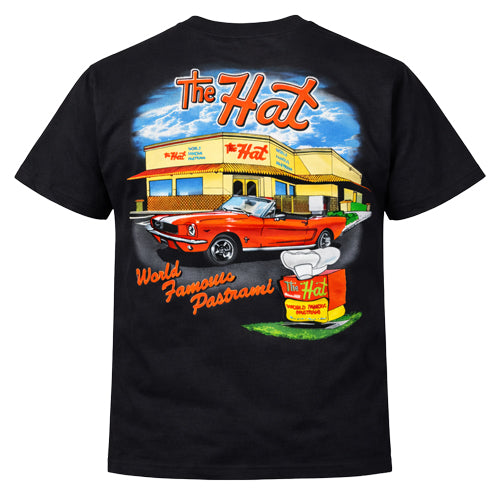 Black t-shirt with a graphic of 'The Hat' restaurant and red car on a white background. The Hat Restaurant Los Angeles World Famous Pastrami Official Merchandise Los Angeles, Pasadena, Alhambra, Las Vegas Locations