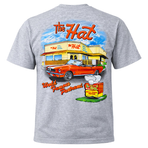 Gray t-shirt with a colorful graphic of a restaurant and car on the back. The Hat Restaurant Los Angeles World Famous Pastrami Official Merchandise Men's Tshirt