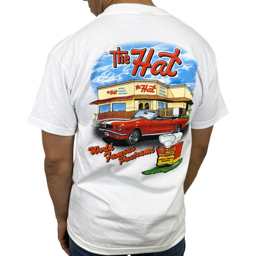 White t-shirt with a graphic of a red car and 'The Hat' restaurant on the back. The Hat Restaurant Logo Men's Short Sleeve T-Shirt - White