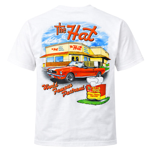 White t-shirt with a graphic of a restaurant and car on the back, featuring 'The Hat' branding.