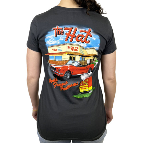 Black t-shirt with a graphic of 'The Hat' restaurant and red car on a white background. The Hat Restaurant Logo Short Sleeve Women's T-Shirt - Black