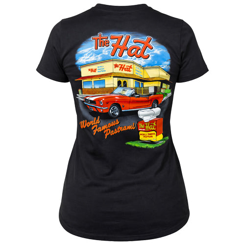 Women's short sleeve cotton Black t-shirt with 'The Hat' restaurant graphic on a white background. The Hat Restaurant World Famous Pastrami Los Angeles