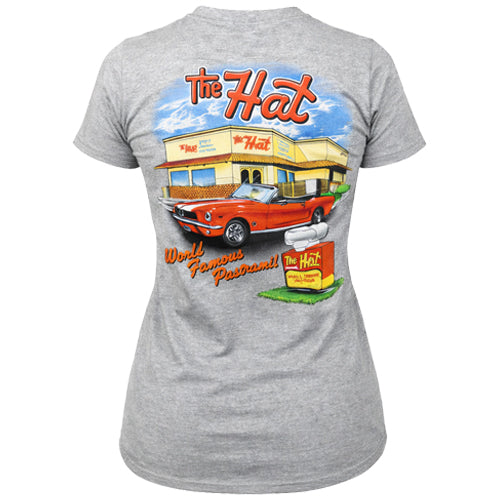 Women's short sleeve Gray t-shirt with a colorful graphic of a restaurant and car on the back. The Hat Restaurant World Famous Pastrami Official Logo Merchandise