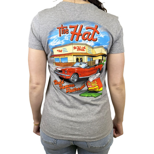 Gray t-shirt with 'The Hat' restaurant graphic on the back. The Hat restaurant logo print adult women's grey short sleeve tshirt.